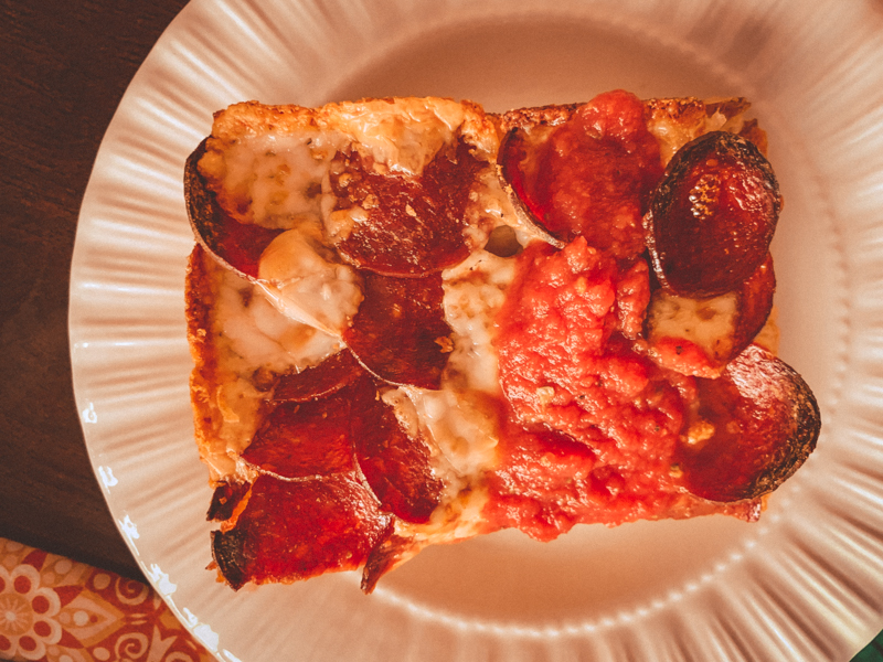 overhead view of Detroit style pizza.