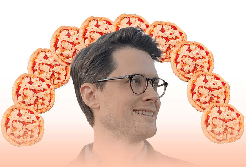 Image of author with pizza rainbow in the background.