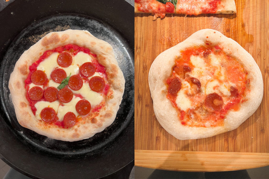 Side by side of skillet and baking steel cooked pizza. 