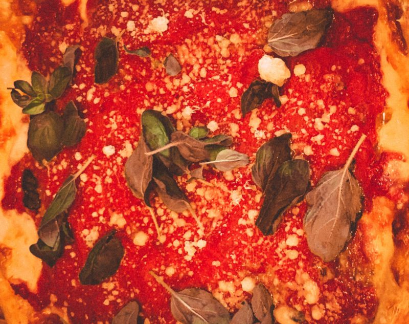 close up of Chicago-style pizza
