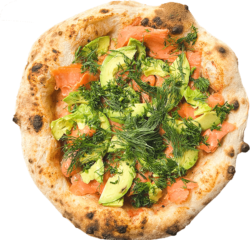 Pizza with avocado, dill, and smoked salmon.